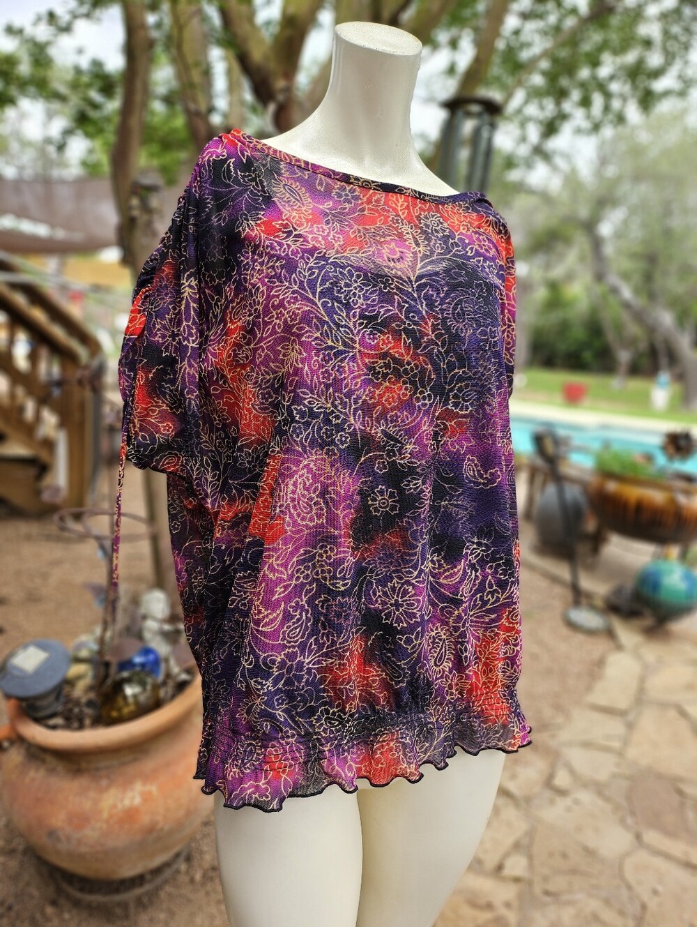 New W Tags Sag Harbor Slimming Solution Paisley Chiffon Over Black Top Blouse L